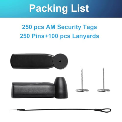 250Pcs 58Khz AM Security Clothing Tags Black Retails EAS Clothes Tag with 250 Pins and 100 Lanyards - style: 250 Black Tags + 100 Lanyards