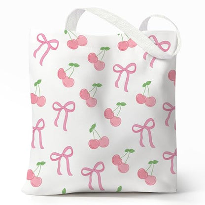 Cute Canvas Tote Bag for Women, Book Totebag with Zipper Pocket - color: Coquette Bow