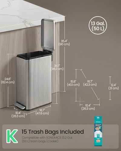 SONGMICS Trash Can, 13 Gallon (50 L) Slim, Stainless Steel, with Lid, Pedal - color: Metallic Silver, size: 13 Gallon (Slim)