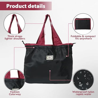 Reusable Drawstring Tote Bag for Shopping Travel and Grocery Lightweight Compact Eco Friendly and Foldable Design - color: Black Medium