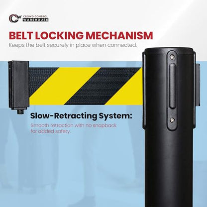 Crowd Control Warehouse 2-Pack Retractable Belt Stanchions, Black/Yellow - color: Black/Yellow Belt with Black Post