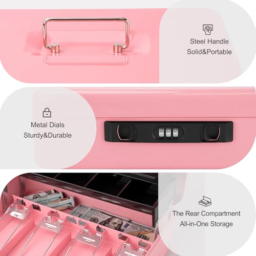 Jssmst Metal Cash Box with Money Tray and Lock, Portable Cash Drawer, 11.8" - color: Pink Code-B