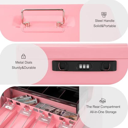 Jssmst Metal Cash Box with Money Tray and Lock, Portable Cash Drawer, 11.8" - color: Pink Code-B