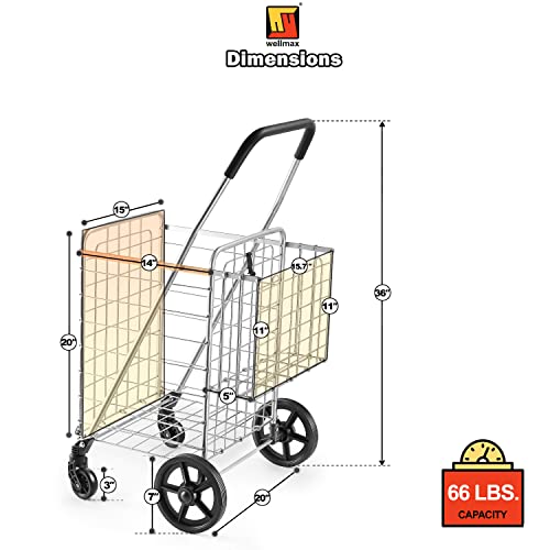Wellmax Folding Shopping Cart for Seniors, Metal Grocery Cart, 66 lb Max - size: Large