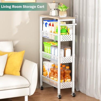 Vivihomety 4-Tier Slim Utility Rolling Laundry Cart with Wheels, Metal - color: White, size: 7.1 inch wide