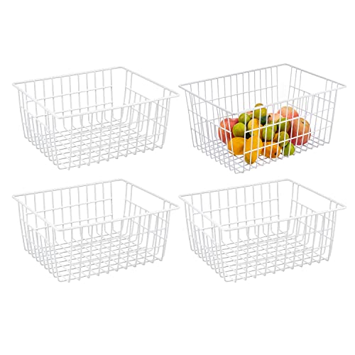 Redrubbit Wire Storage Baskets, Large Farmhouse Metal Freezer Basket Storage Organizer Bins with Handles for Kitchen Cabinets, Pantry, Closets, Bedrooms, Bathrooms, Set of 4, White - color: White, size: 4 Pack