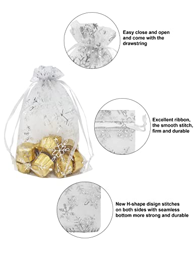 Jexila 100PCS Christmas Organza Gift Bags 4X6 inches Small Christmas Drawstring Candy Goodie Treat Bags for Kids Classroom Xmas Holiday Party Favor - color: White Snowflake 4X6