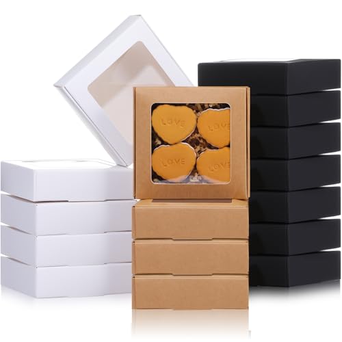 Zonon 30 Pcs Kraft Paper Boxes with Window 4.13 x 4.13 x 1.18inch (3 Color) - color: Brown, Black, White