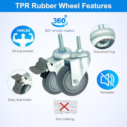 4 inch Swivel Caster Wheels Heavy Duty, 1/2" x13-1-1/2 Threaded Stem Casters Set of 4, Polyurethane Grey PU Wheels for Hospital, Lab, Furnitures,Restaurant - color: Grey PU, size: 1/2"-13x1-1/2", style: 4 no brake