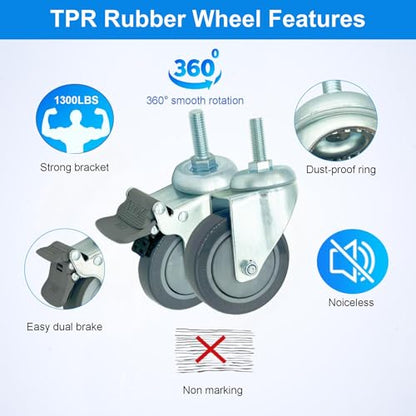 4 inch Swivel Caster Wheels Heavy Duty, 1/2" x13-1-1/2 Threaded Stem Casters Set of 4, Polyurethane Grey PU Wheels for Hospital, Lab, Furnitures,Restaurant - color: Grey PU, size: 1/2"-13x1-1/2", style: 4 no brake