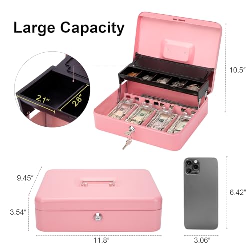 Jssmst Metal Cash Box with Money Tray and Lock, Portable Cash Drawer, 11.8" - color: Pink Key-C