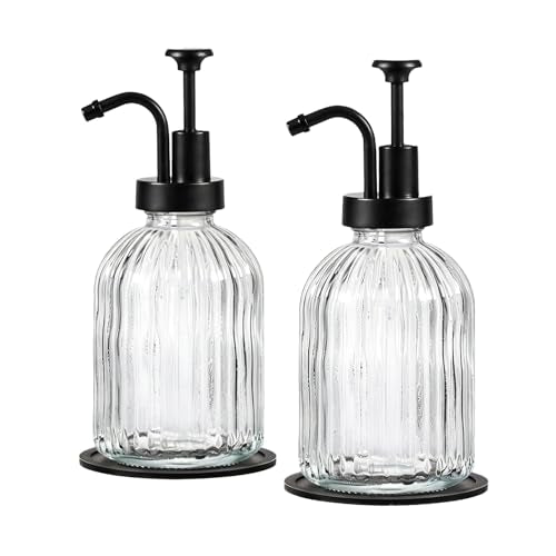SheeChung 12oz Clear Glass Liquid Soap Dispenser,Black Pump, Striped,2 Pack - color: Clear, Black Pump, 2pcs