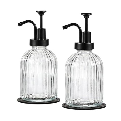 SheeChung 12oz Clear Glass Liquid Soap Dispenser,Black Pump, Striped,2 Pack - color: Clear, Black Pump, 2pcs