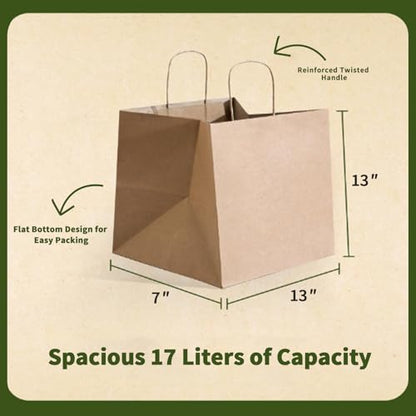 13x7x13 Inch Kraft Paper Large Gift Bags with Handles Bulk-50Pack Recyclable Sturdy Brown Paper Bags for Business, Merchandise, Gifts Bags, Shopping, Retail Stores, Takeout, Birthday Party
