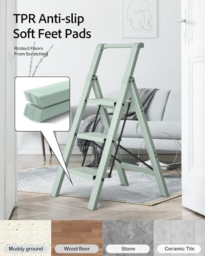 Taranta 3 Step Ladder,Aluminum Step Stool Foldable-Fairyland Green - color: Fairyland Green, size: 3 Step