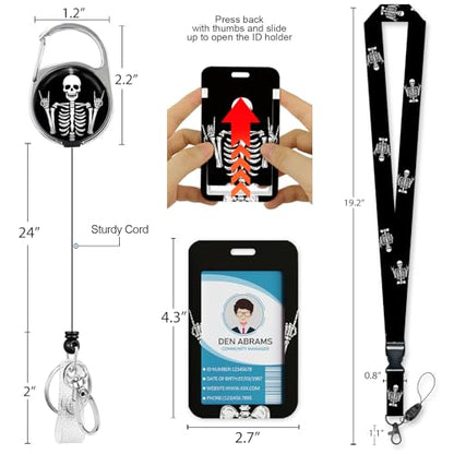 Piefly Lanyards for Id Badges, Teacher Retractable Reel Skull Skeleton Rock - color: Skull-03