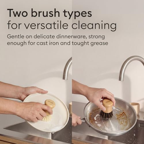 Vove Bamboo Dish Scrub Brush Set 3-Pack with Ceramic Holder - size: Brush & Cup Set - 1 Hard, 1 Medium