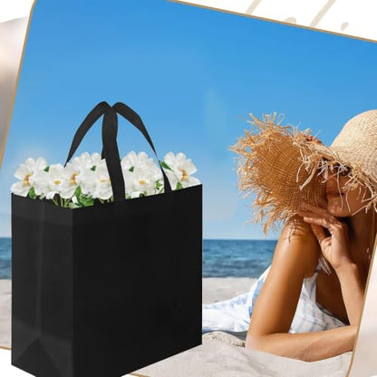 50Pcs Reusable Tote Bags Bulk, Non Woven Large Shopping Bags Grocery Gift Bag with Handles for Party Retail Boutiques, Black