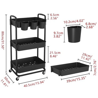 JIUYOTREE 3-Tier Plastic Rolling Storage Cart Utility Cart Black - color: Black, size: 3-Tier