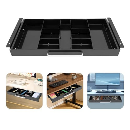 Under Desk Drawer, Mounted Sliding Pull-out Drawer, Pull-out Storage Organizer with Compartment, Pull-out Drawer with Lock, Standing Desk Drawer Attachment, for Store Items, 21.5*10.2*2.1in (Black)