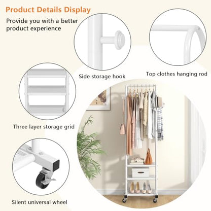 Kaitiemoo Clothing Rack, Mobile Garment Rack with Wheels & 3 Shelves, White - color: White