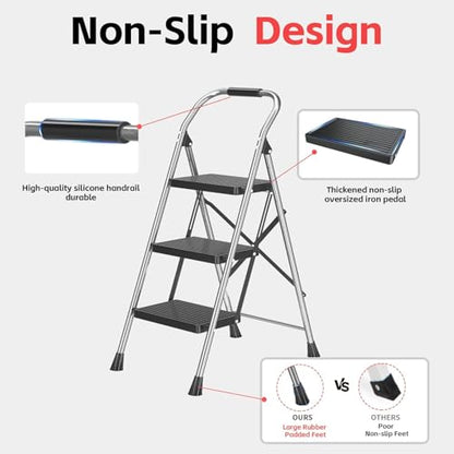600Lbs Heavy Duty Step Ladder Foldable Folding Stool - for Home Adults Kitchen 3 Stepping Extension Tall with Handrails - Closet Stepstool Stair Ladders Extendable Stepladder for Indoor House - size: 3 Step