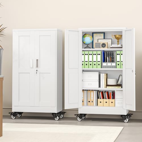 pozdeg 45.6" White Lockable Rolling Metal Garage Storage Cabinet - color: White, size: 11.8"D x 23.7"W x 45.6"H