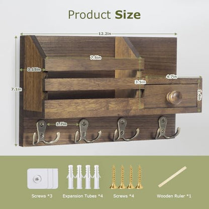 Key Holder Wall Mount, Wooden Key and Mail Organizer, Brown - color: Brown