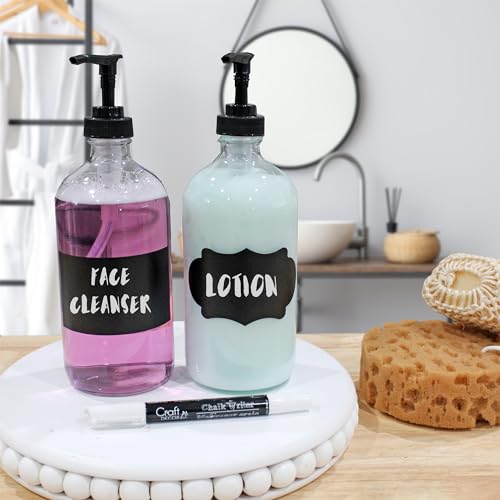 Cornucopia Brands 16-Oz Clear Glass Pump Bottles (2-Pack); Refillable Soap Dispenser Black Lotion Pump Transparent Boston Round Bottles + Chalk Labels & Lids