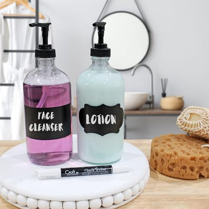 Cornucopia Brands 16-Oz Clear Glass Pump Bottles (2-Pack); Refillable Soap Dispenser Black Lotion Pump Transparent Boston Round Bottles + Chalk Labels & Lids