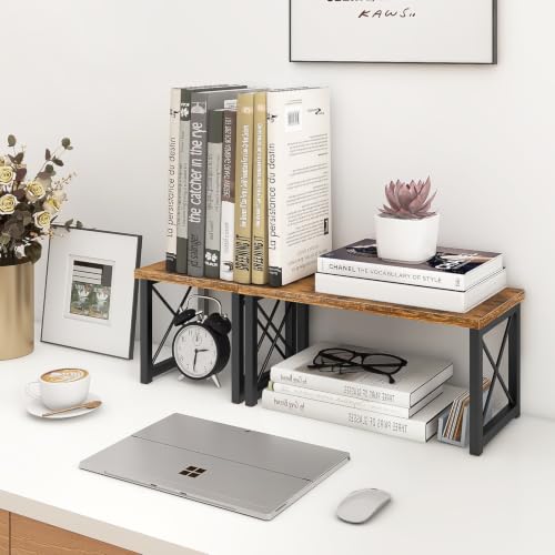 ELITEROO Wood Desktop Shelf, 2 Tier Adjustable Small Bookshelf Organizer - color: Rustic Brown
