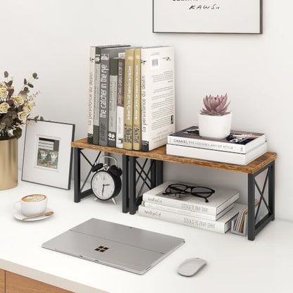 ELITEROO Wood Desktop Shelf, 2 Tier Adjustable Small Bookshelf Organizer - color: Rustic Brown