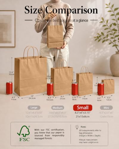 qiqee 100-Pcs Small Size Paper Gift Bags with Handles Bulk 8.26"×6"×3.15" Brown Gift Bags Multiple Uses - size: Small - 100 Packs