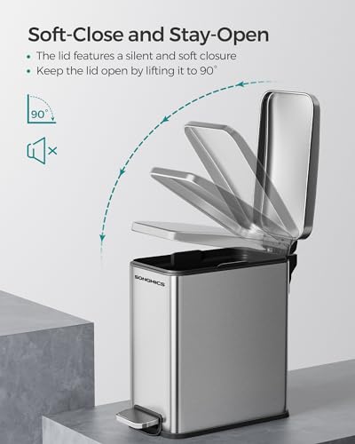 SONGMICS Bathroom Trash Can, 1.3 Gallon Stainless Steel Trash Bin with Lid - color: Silver, style: 1.3 Gal.