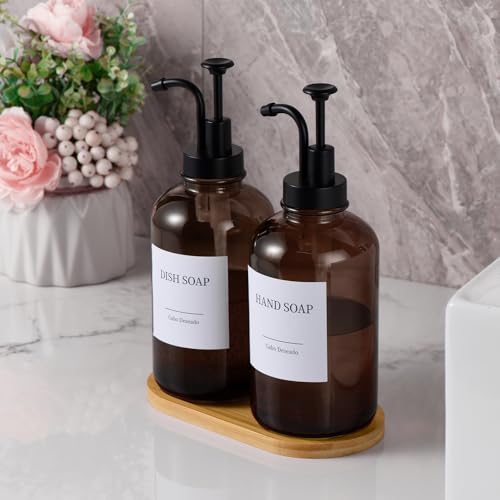 Glass Soap Dispenser with Pump, Dish and Hand Soap Dispenser for Kitchen Bathroom Set, Clear Glass Dispenser Set of 2 Pack with 18 Stickers Funnel Bamboo Tray 500ml 18oz Amber - color: Glass Amber