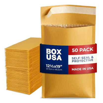 BOX USA 12 1/2 x 19" Kraft Bubble Mailers (50-Pack) - Brown Padded Envelopes, Self-Seal Shipping Bags for Small Business, Heavy Duty Cushioned Mailing Envelopes for Packaging and Shipping - size: 12-1/2x19" (50-Pack)
