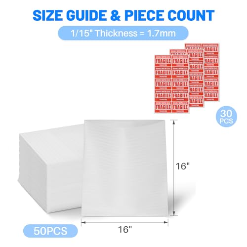 Large Thickened Cushion Foam Pouches, 50 Pack, 16×16 in, 1/14" (1.8 mm) Thick + 30 Fragile Labels, Reusable Moving Packing Supplies for Dishes, Plates & Fragile Items