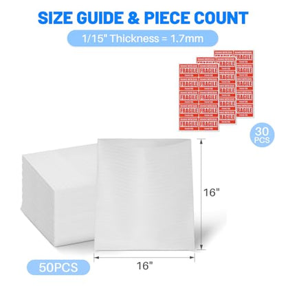 Large Thickened Cushion Foam Pouches, 50 Pack, 16×16 in, 1/14" (1.8 mm) Thick + 30 Fragile Labels, Reusable Moving Packing Supplies for Dishes, Plates & Fragile Items
