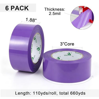 BOMEI PACK 6 Rolls Purple Heavy Duty Packing Tape with red Dispenser, Packaging Tape 1.88 Inches x 110Yards, 2.5mil Industrial Shipping Tape for Moving Shipping, Office & Storage - color: Purple