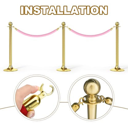 MECCANIXITY Velvet Stanchion Rope 6.6 Ft/2 M, Barrier Rope Velvet Carpet Ropes with Snap Hooks for Posts Stands Queue Divider Crowd Control, Pink Golden Pack of 2 - color: Pink Golden, size: 6.6 Ft