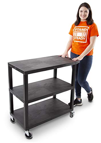 Stand Steady Tubstr 3 Flat Top Shelf Utility Cart Supports Up to 300 lbs - Heavy-Duty Plastic Service Push Cart with Three Flat Shelves, for Offices, Warehouse Storage, Garage Tools (Black, 35 x 18)