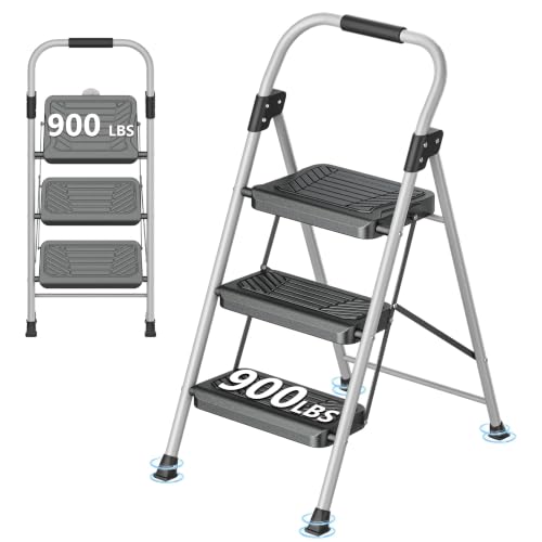 3 Step Ladder, Folding Step Stool with Anti-Slip Wide Pedal, Soft Handle, Anti-Slip Feet, Sturdiest Steel Construction, 900lbs Capacity Steel Ladder for Home and Office - color: Gray Dark, size: 3 Step