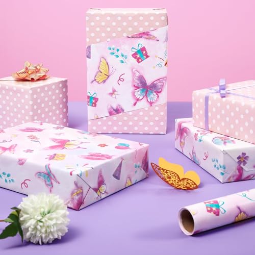 WERNNSAI Butterfly Wrapping Paper 17In x 33Ft Wrapping Paper Birthday Girl - color: Pink Butterfly 002