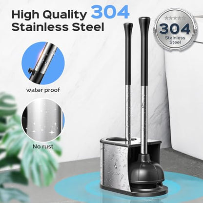 HAMITOR Toilet Plunger and Brush Set: 2 in 1 Stainless Steel Rustproof Combo with Deep Cleaning Curved Bristles - Heavy Duty Toilet Unclogging for Family Bathroom - Compact Apartment Accessories - color: Silver