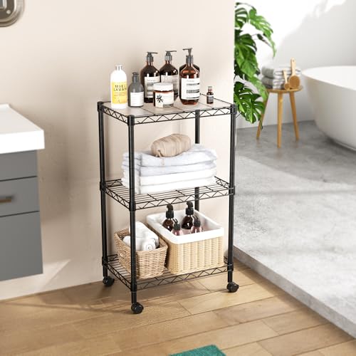 SINGAYE 3 Shelves Storage Shelf Wire Shelving Unit Metal Adjustable Wheels - color: Black, size: 3Tier/11.5"D X 17.5"W X 30.5"H