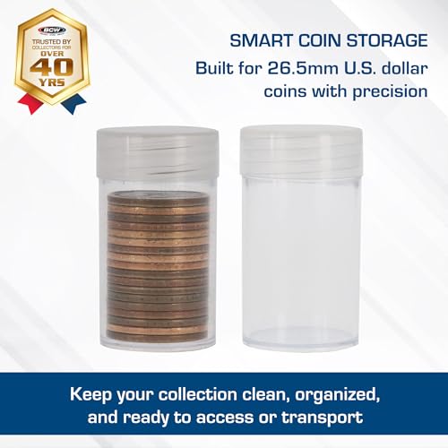 BCW Small Dollar Coin Tubes - 10 Count | Holds Sacagawea, Presidential & Susan B. Anthony Coins | Secure Plastic Coin Holders for Collectors & Storage | Durable Coin Collecting Supplies