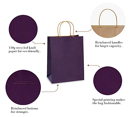 BagDream Medium Gift Bags with Handles 8x4.25x10.5 Inch Purple 100 Pcs Bulk - color: Purple