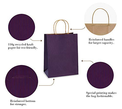 BagDream Medium Gift Bags with Handles 8x4.25x10.5 Inch Purple 100 Pcs Bulk - color: Purple