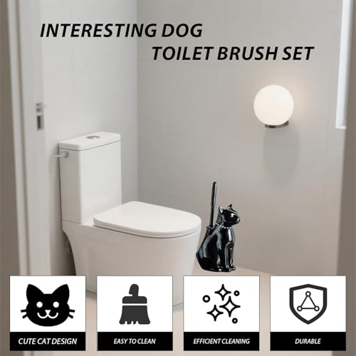 Comeon Ceramic Cat Toilet Brush and Holder Set, Plastic Handle, Black - color: Black, size: Cat