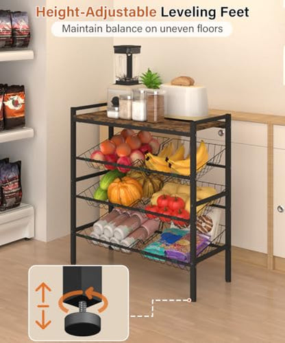 4-Tier Fruit and Vegetable Storage Rack, Freestanding Snack Stand Shelf with 6 Removable Baskets, Small Kitchen Island with Wood Top for Pantry Floor Organization, Black